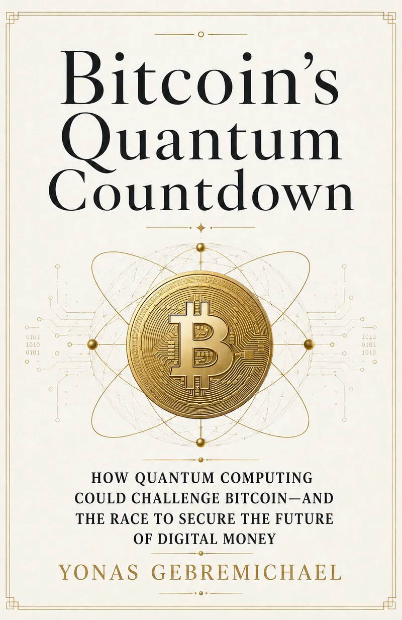 Book cover of Bitcoin's Quantum Countdown by Yonas Gebremichael, white and gold design with a Bitcoin coin inside an atomic orbital motif